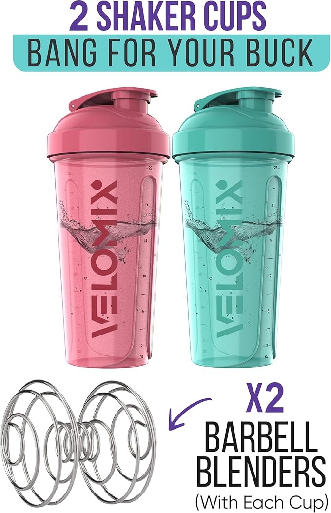 -2 Pack- 28 oz Protein Shaker Bottles for Protein Mixes - 2x Wire Whisk | Leak Proof Shaker Cups for Protein Shakes | Protein Shaker Bottle Pack (Pink/Turquise)