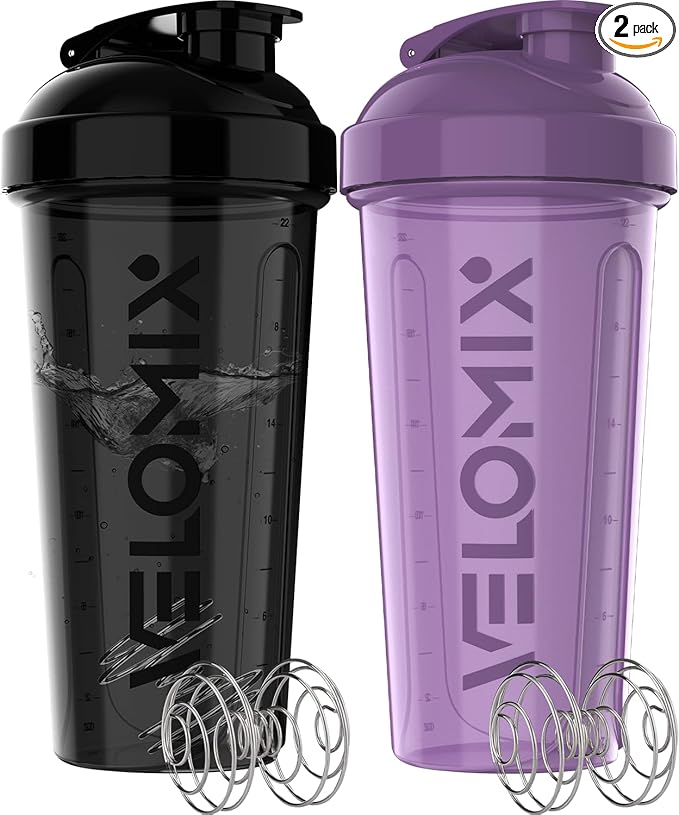 -2 Pack- 28 oz Protein Shaker Bottles for Protein Mixes - 2x Wire Whisk | Leak Proof Shaker Cups for Protein Shakes | Protein Shaker Bottle Pack | Shakers for Protein Shakes-Purple&Black