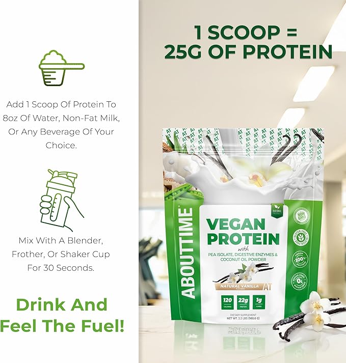 About Time Vegan Protein Powder 22g Vanilla, Natural Ingredients, Non-GMO, Plant Based, Gluten Free, Soy Free, Dairy Free, 32 Servings