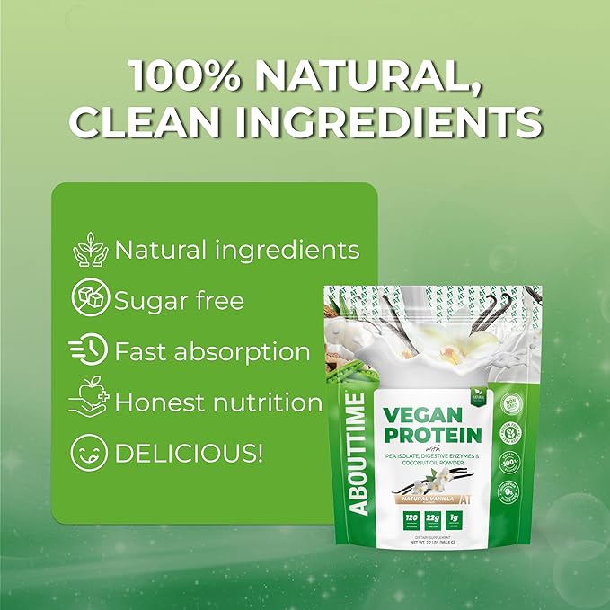 About Time Vegan Protein Powder 22g Vanilla, Natural Ingredients, Non-GMO, Plant Based, Gluten Free, Soy Free, Dairy Free, 32 Servings