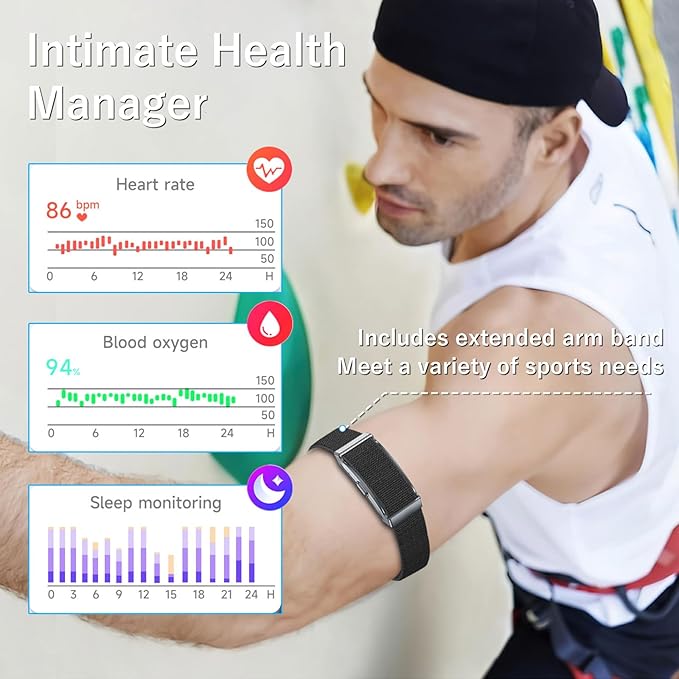 Smart Bracelet for Men Women, Fitness Tracker with Free App, 24/7 Auto Heart Rate/SpO2 Monitor, Sleep Stress Tracking Smart Health Wristband, 120+ Sports Modes with Extended Armband, IP68 Waterproof