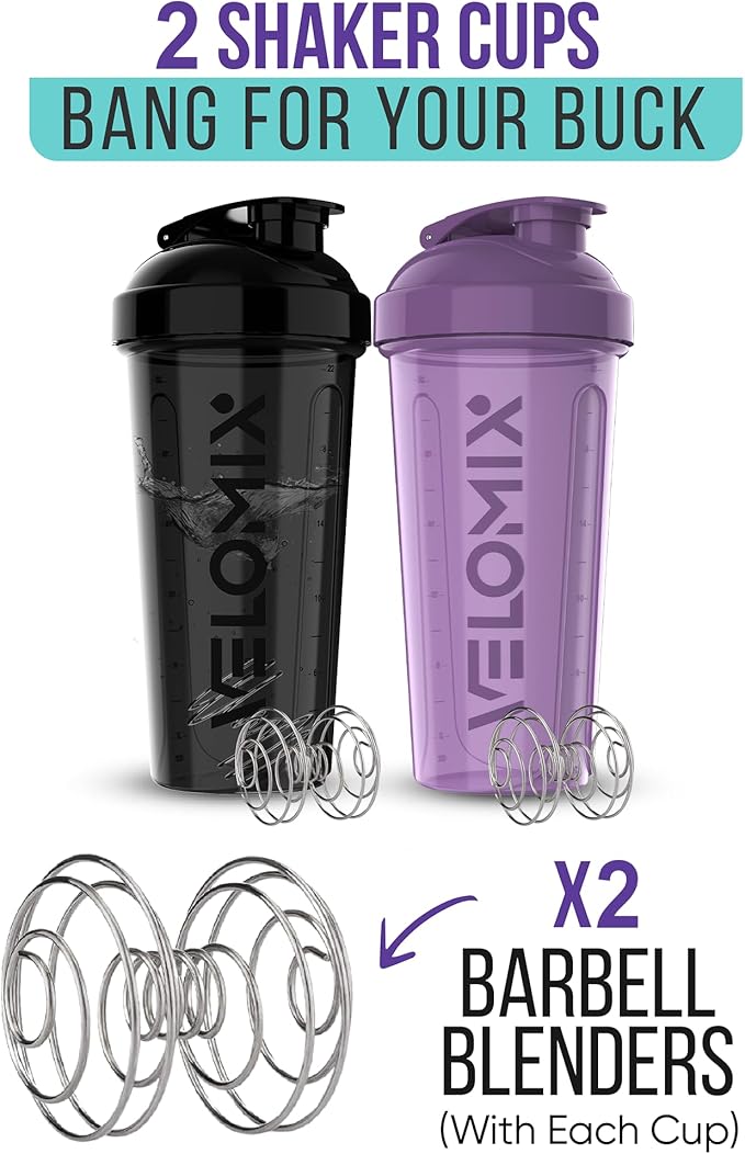 -2 Pack- 28 oz Protein Shaker Bottles for Protein Mixes - 2x Wire Whisk | Leak Proof Shaker Cups for Protein Shakes | Protein Shaker Bottle Pack | Shakers for Protein Shakes-Purple&Black