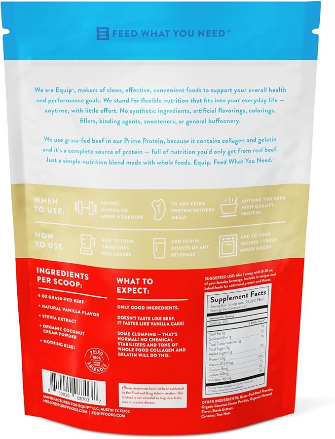 Equip Foods Prime Protein Powder | Clean, Grass Fed Beef Protein Powder | Carnivore Protein Isolate | Paleo, Keto Friendly | Gluten & Dairy Free | Helps Build & Repair Tissue | 30 Servings, Vanilla