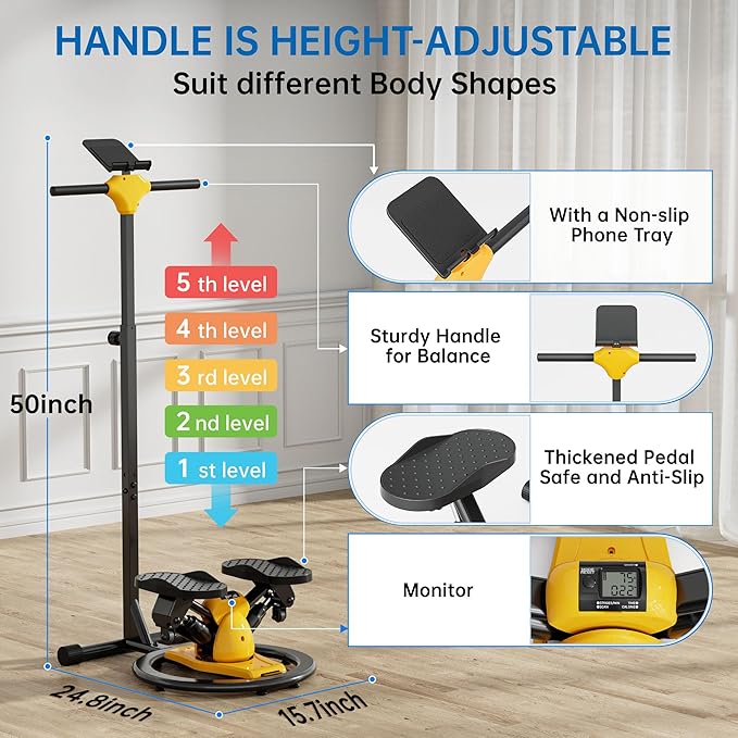 2-in-1 Twist Steppers for Exercise at Home, Stair Stepper with Adjustable Handlebar and Waist Twister, Quiet Portable Stair Stepper for Home, 300 LBS Loading Capacity, Stepper Machine with LCD Monitor