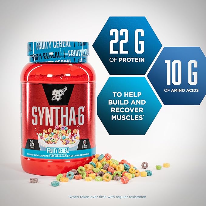 BSN SYNTHA-6 Premium Protein Powder with 6g of Fiber, Whey Protein, Micellar Casein, Milk Protein Isolate Blend, 5g Fat, Fruity Cereal, 28 Servings (Packaging May Vary)