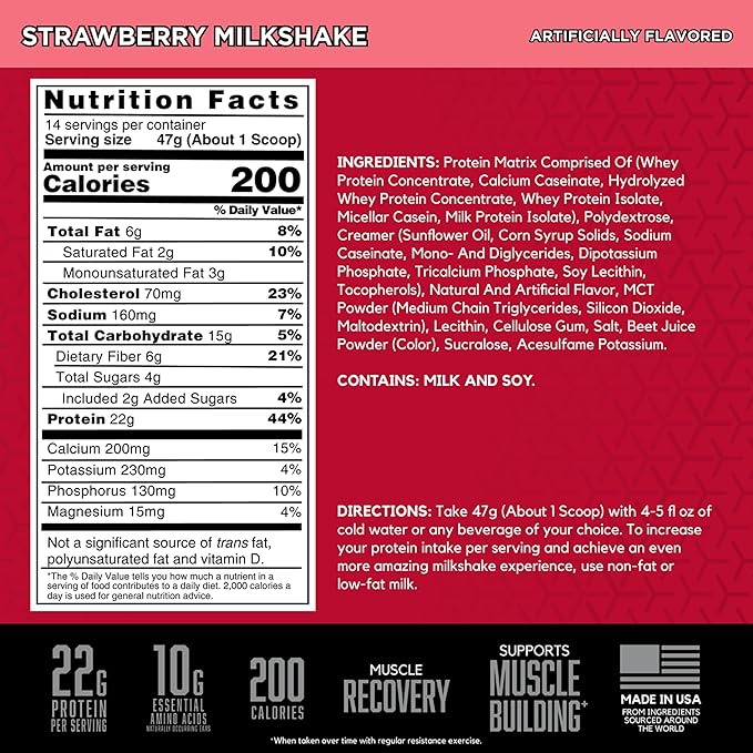 BSN SYNTHA-6 Premium Protein Powder with 6g of Fiber, Whey Protein, Micellar Casein, Milk Protein Isolate Blend, 5g Fat, Strawberry Milkshake, 14 Servings (Packaging May Vary)