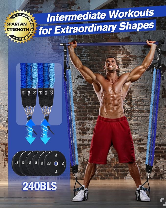 Upgraded Pilates Bar Kit with Resistance Bands Natural Latex for Women & Men, Heavy-Duty Stainless Steel Multifunctional Yoga Pilates Stick for Home Gym Exercise Fitness Equipment Full-Body Workouts