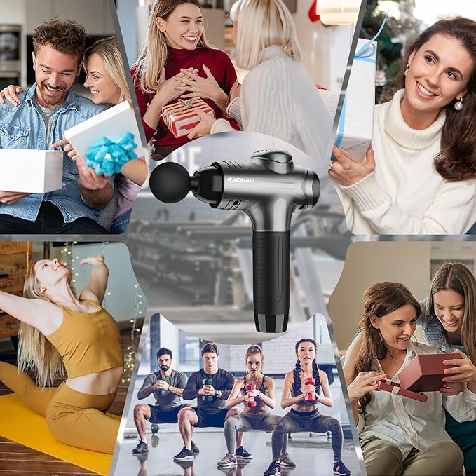 RAEMAO Massage Gun, Massage Gun Deep Tissue, Back Massage Gun for Athletes for Pain Relief Attaching 10 PCS Replacement Heads, Percussion Massager with 10 Speeds & LED Screen, Grey