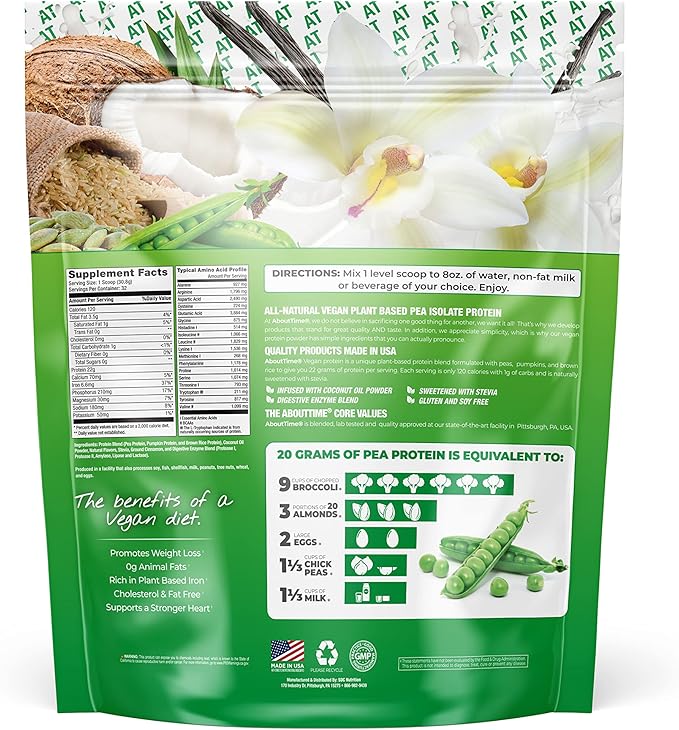 About Time Vegan Protein Powder 22g Vanilla, Natural Ingredients, Non-GMO, Plant Based, Gluten Free, Soy Free, Dairy Free, 32 Servings