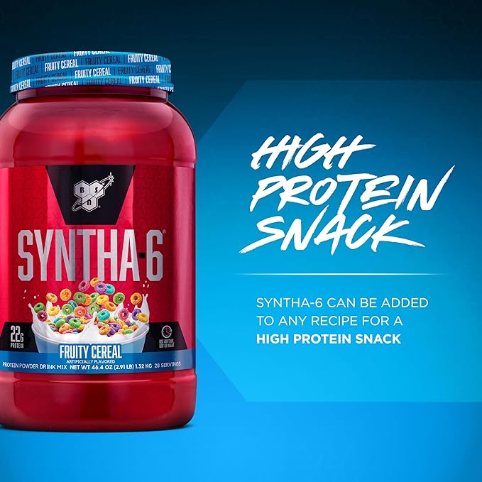BSN SYNTHA-6 Premium Protein Powder with 6g of Fiber, Whey Protein, Micellar Casein, Milk Protein Isolate Blend, 5g Fat, Fruity Cereal, 28 Servings (Packaging May Vary)