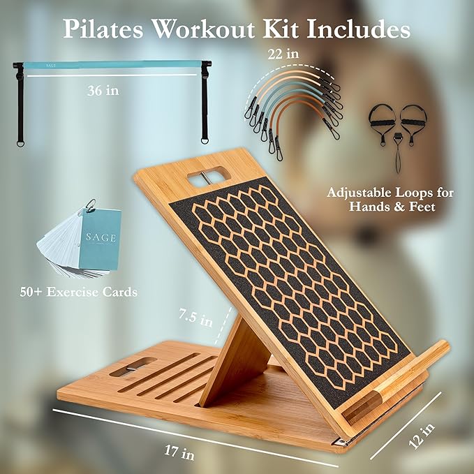3-in-1 Workout Kit by Sage London - Premium Bamboo Slant Board, Pilates Bar Kit with Resistance Bands & 54 Exercise Cards for Home Workouts, Calf Stretcher, Squats, and Pilates Training