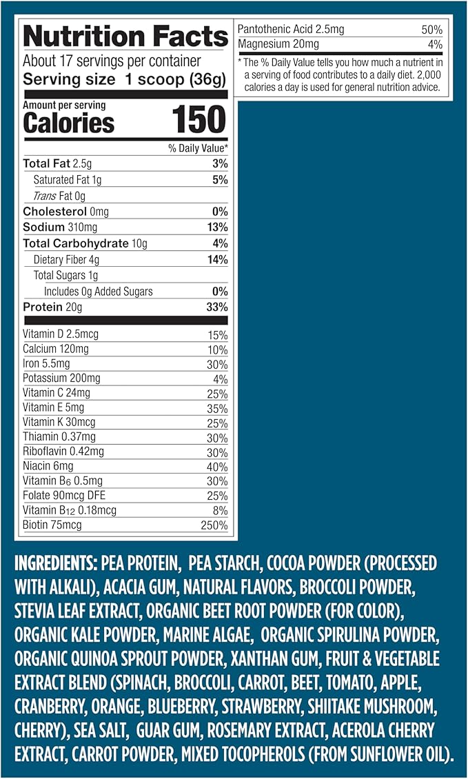 Vega Protein + Nutrition - 20g Plant-Based Pea Protein, Chocolate, 17 Servings, Vegan Keto Superfood, Antioxidant-Rich, Gluten Free, Dairy Free, Low Carb, 1.4lbs (Packaging May Vary)