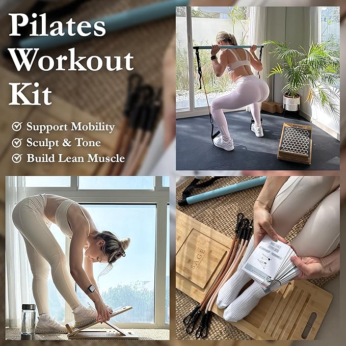 3-in-1 Workout Kit by Sage London - Premium Bamboo Slant Board, Pilates Bar Kit with Resistance Bands & 54 Exercise Cards for Home Workouts, Calf Stretcher, Squats, and Pilates Training