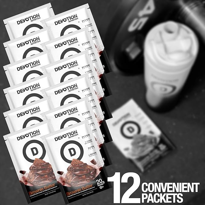 Devotion Nutrition Protein Powder Blend | Gluten Free, Keto Friendly, No Added Sugars | 1g MCT | 20g Whey & Micellar Protein | 12 Single Serving Packets (Brownie Batter)