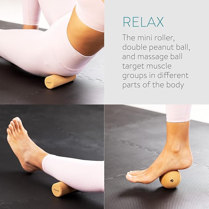 Navaris Cork Massage Roller Ball Set (3 Pieces) - Includes Cork Peanut Roller, Cork Massage Ball, Cork Mini Roller - Rollers for Back and Muscles