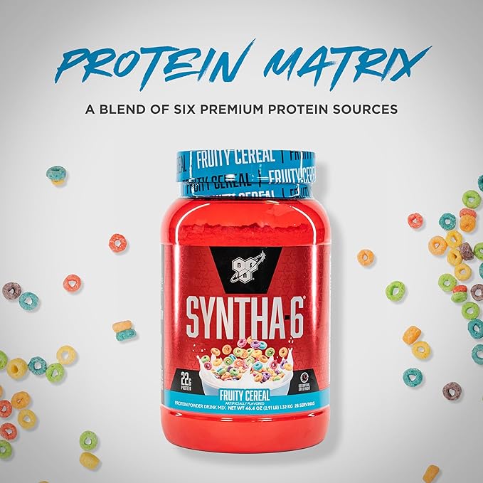 BSN SYNTHA-6 Premium Protein Powder with 6g of Fiber, Whey Protein, Micellar Casein, Milk Protein Isolate Blend, 5g Fat, Fruity Cereal, 28 Servings (Packaging May Vary)