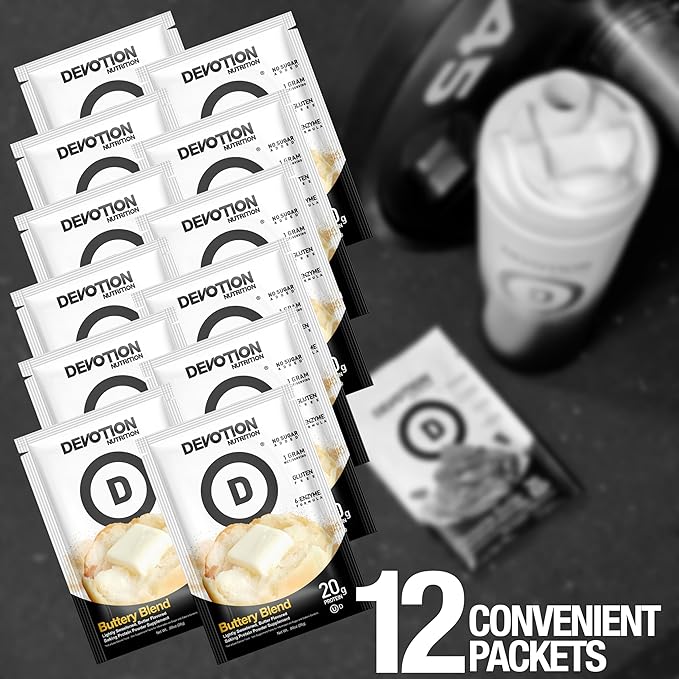 Devotion Nutrition Protein Powder Blend | Gluten Free, Keto Friendly, No Added Sugars | 1g MCT | 20g Whey & Micellar Protein | 12 Single Serving Packets (Buttery Blend)