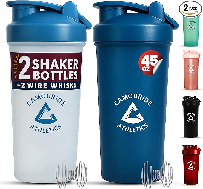 2 Pack 45 oz Protein Shaker Bottles with Wire Whisk – BPA-Free, Leak-Proof Shaker Cups for Protein Shakes & Smoothies – Large Plastic Mixer Bottle – Classic White & Cobalt Blue