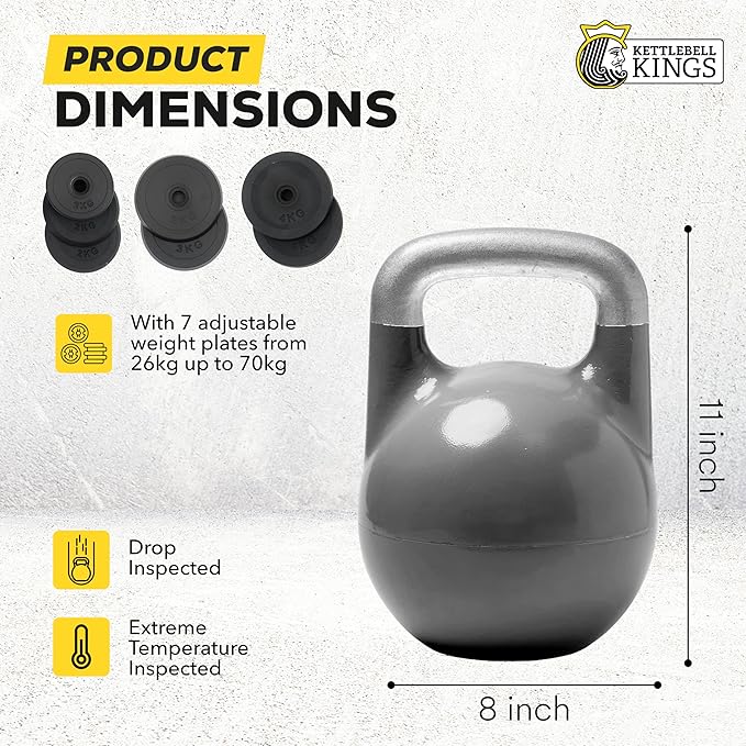 Kettlebell Kings Adjustable Competition Kettlebell - Adjustable Weight from 26 lb to 70 lb - Includes 7 Weight Plates for Strength Training at Home or Gym - Durable Steel Shell for Long-Lasting Use
