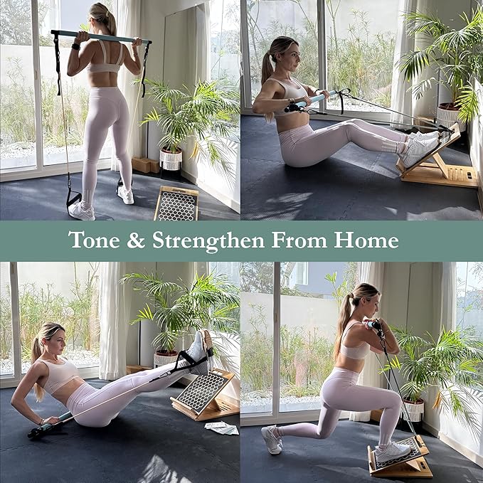 3-in-1 Workout Kit by Sage London - Premium Bamboo Slant Board, Pilates Bar Kit with Resistance Bands & 54 Exercise Cards for Home Workouts, Calf Stretcher, Squats, and Pilates Training