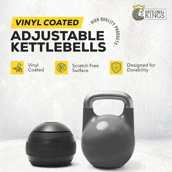 Kettlebell Kings Adjustable Competition Kettlebell - Adjustable Weight from 26 lb to 70 lb - Includes 7 Weight Plates for Strength Training at Home or Gym - Durable Steel Shell for Long-Lasting Use