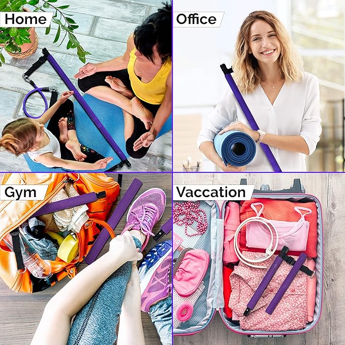 Portable Pilates Bar Kit with Resistance Bands (20, 30, 40, 50 LB) - 8 Week Video Program - Premium Quality Home Equipment 3 Section Pilates Bar with Resistance Bands Full-Body