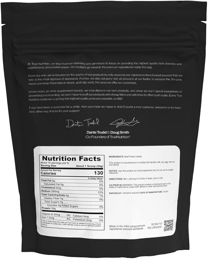 True Nutrition Grass Fed Beef Protein Powder Isolate - 29g of Paleo, Keto, Carnivore Beef Protein per Serving - Zero Carb, Fat Free, Gluten Free, Dairy Free, Soy Free - Unflavored - 2lb