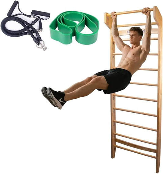 Wood Swedish Ladder with 11 Strategic Rods,Stall Bar,Include Exercise Straps+Pull-Up Resistance Band+Pull-Up Bar,31.5”*86.6”,Wall Mounted,Stretching and Various Exercises,Indoor Home School Gym Fitness