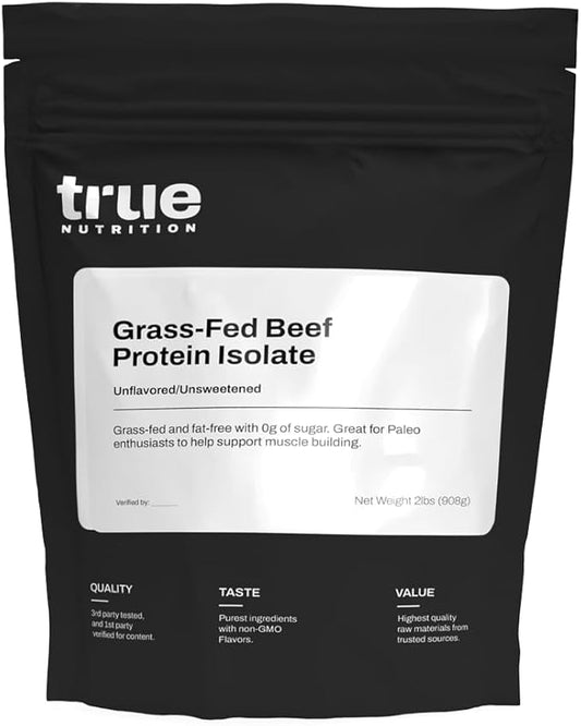 True Nutrition Grass Fed Beef Protein Powder Isolate - 29g of Paleo, Keto, Carnivore Beef Protein per Serving - Zero Carb, Fat Free, Gluten Free, Dairy Free, Soy Free - Unflavored - 2lb