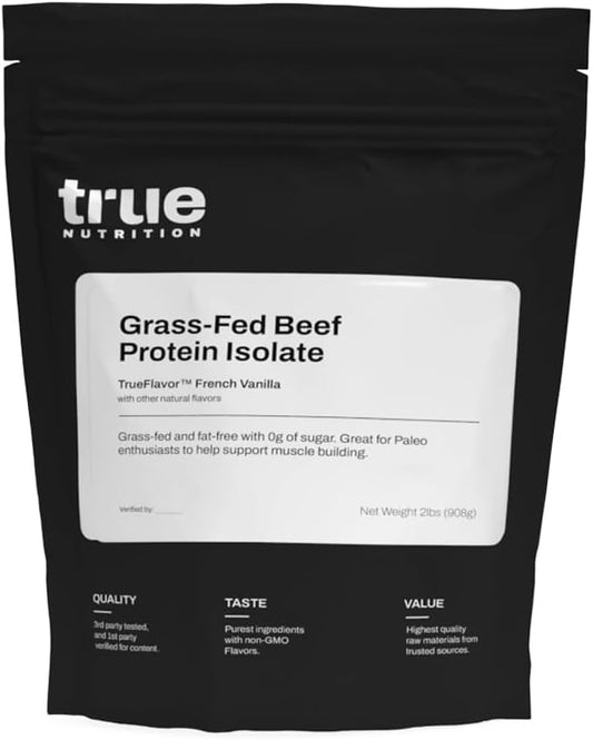 True Nutrition Grass Fed Beef Protein Powder Isolate - 29g of Paleo, Keto, Carnivore Beef Protein per Serving - Zero Carb, Fat and Gluten Free, Dairy Free, Soy Free - French Vanilla - 2 LB
