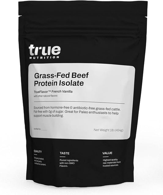 True Nutrition Grass Fed Beef Protein Powder Isolate - 29g of Paleo, Keto, Carnivore Beef Protein per Serving - Zero Carb, Fat Free, Gluten Free, Dairy Free, Soy Free - French Vanilla - 1LB