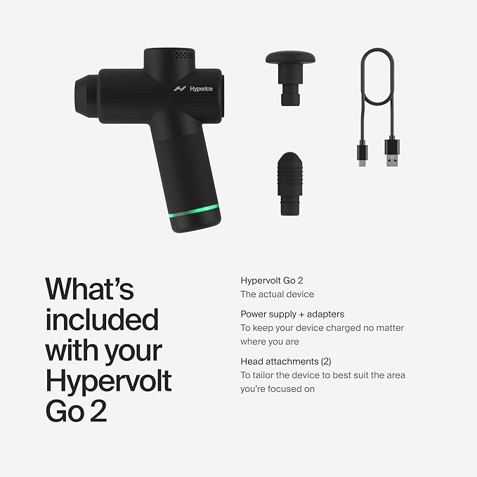 Hyperice |Hypervolt Go 2 Handheld Percussion Massage Gun Featuring Quiet Glide Technology, 3 Speeds, 2 Interchangeable Heads | Hypervolt Heated Head Attachment for All Hypervolt Models| Bundle
