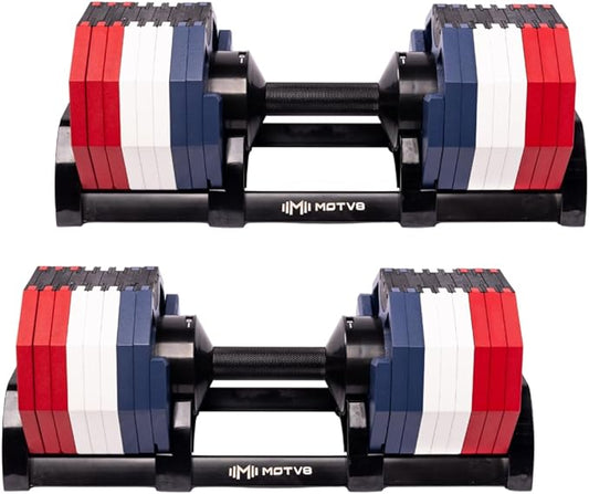 Decabell 580 Adjustable Dumbbells - Motv8 Decabell 580s, 5lbs - 80lbs Adjustable Free Weight Nuobell Style Dumbbell for Men and Women - Strength Training and Fitness (Pair of 2 Dumbbells)