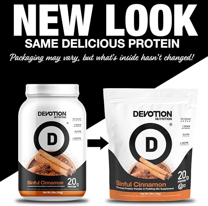 Devotion Nutrition Protein Powder Blend | Gluten Free, Keto Friendly, No Added Sugars | 1g MCT | 20g Whey & Micellar Protein | 2lb Tub (Sinful Cinnamon)