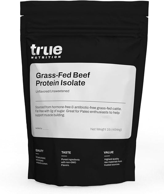 True Nutrition Grass Fed Beef Protein Powder Isolate - 29g of Paleo, Keto, Carnivore Beef Protein per Serving - Zero Carb, Fat and Gluten Free, Dairy Free, Soy Free - Unsweetened/Unflavored - 1LB