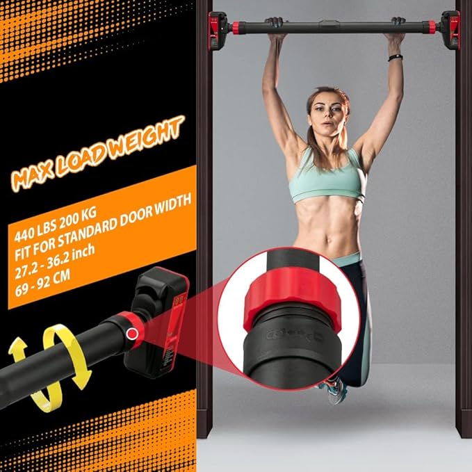 Adjustable Pull Up Bar for Doorway - 440LBS Weight Capacity, No Screws Installation with Level Meter and Auto Lock, Chin Up Bar for Home Gym Strength Training