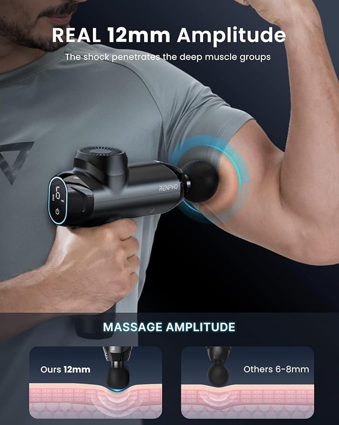 RENPHO Massage Gun Deep Tissue with 12mm Amplitude, Percussion Muscle Massage Gun, Portable Electric Handheld Massager Gun, LED Touch Display Carry Travel Case, Power