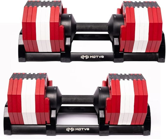 Decabell 580 Adjustable Dumbbells - Motv8 Decabell 580s, 5lbs - 80lbs Adjustable Free Weight Nuobell Style Dumbbell for Men and Women - Strength Training and Fitness (Pair of 2 Dumbbells)