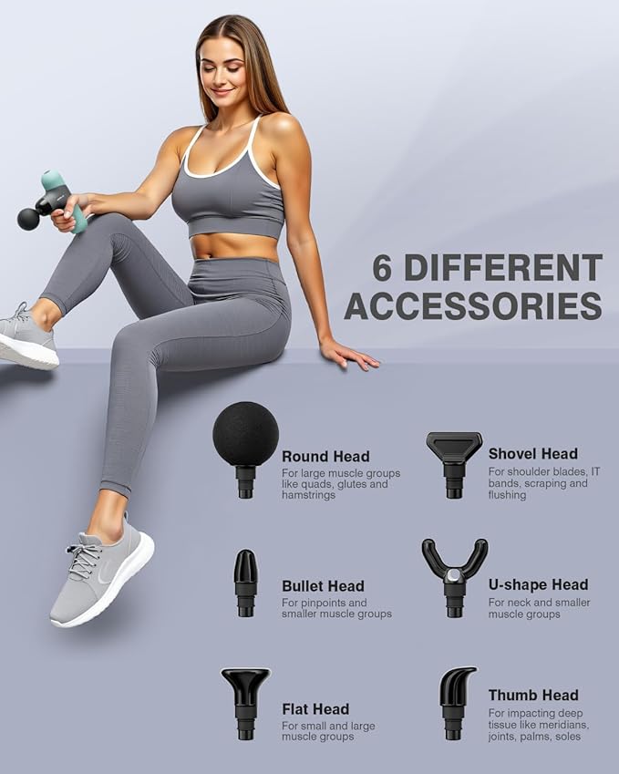 Mini Massage Gun Portable Deep Tissue Muscle Percussion Massager, Electric Handheld Sport Massager with 6 Massage Heads 4 Speed, Best Gift (Mint)