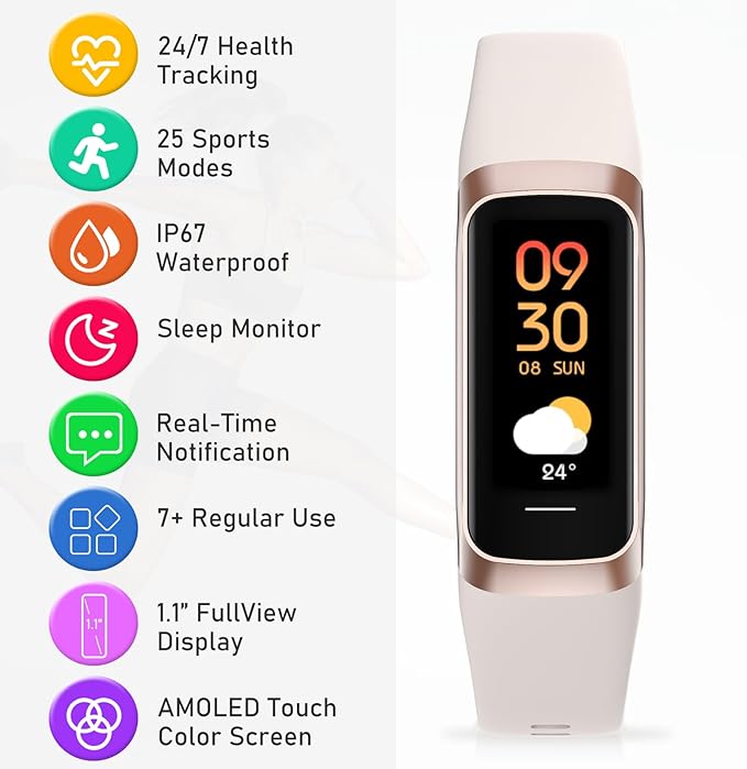 Fitness Tracker with 24/7Heart Rate, Blood Pressure, Sleep Tracking, Calorie, Activity Tracker with 1.1" AMOLED Color Screen, Waterproof Step Tracker for Android iPhones Women Men