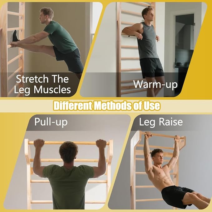 Wood Swedish Ladder with 11 Strategic Rods,Stall Bar,Include Exercise Straps+Pull-Up Resistance Band+Pull-Up Bar,31.5”*86.6”,Wall Mounted,Stretching and Various Exercises,Indoor Home School Gym Fitness