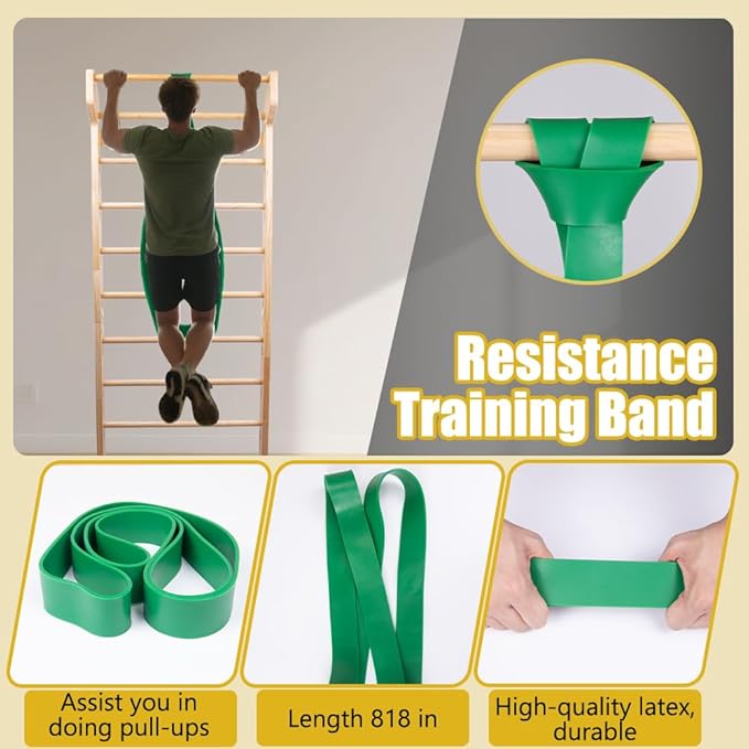 Wood Swedish Ladder with 11 Strategic Rods,Stall Bar,Include Exercise Straps+Pull-Up Resistance Band+Pull-Up Bar,31.5”*86.6”,Wall Mounted,Stretching and Various Exercises,Indoor Home School Gym Fitness
