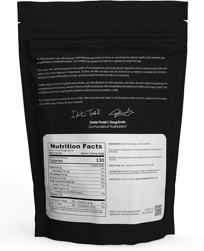 True Nutrition Grass Fed Beef Protein Powder Isolate - 29g of Paleo, Keto, Carnivore Beef Protein per Serving - Zero Carb, Fat and Gluten Free, Dairy Free, Soy Free - Unsweetened/Unflavored - 1LB