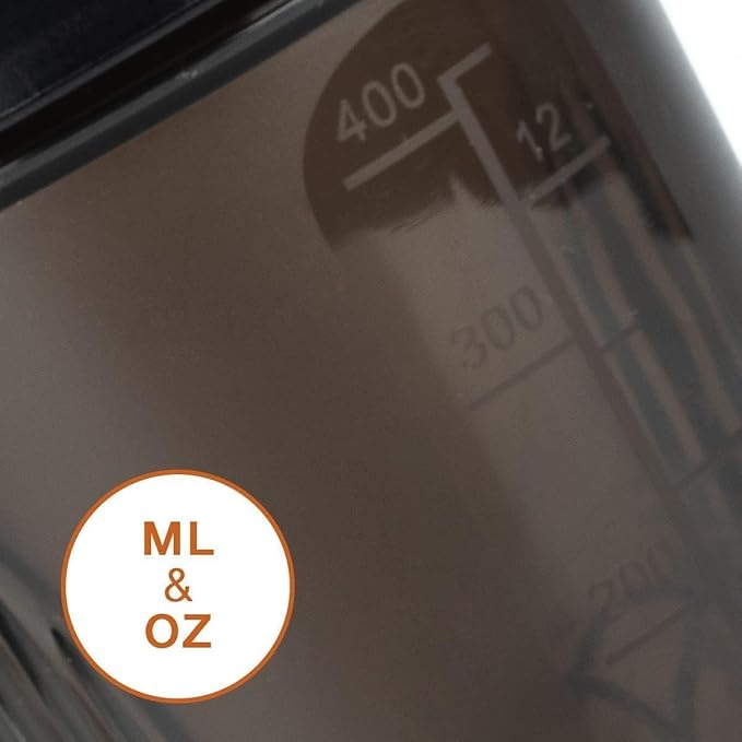 An Ergonomic Small Black Wide Mouth Shaker Cup,Made of Premium PP5 (BPA FREE),Modelized Scale Marks 4-8-12 Oz,Black Leakproof Screwable Cover Lid (Style May Vary) & Whisk,Free Replacement in 10 Months