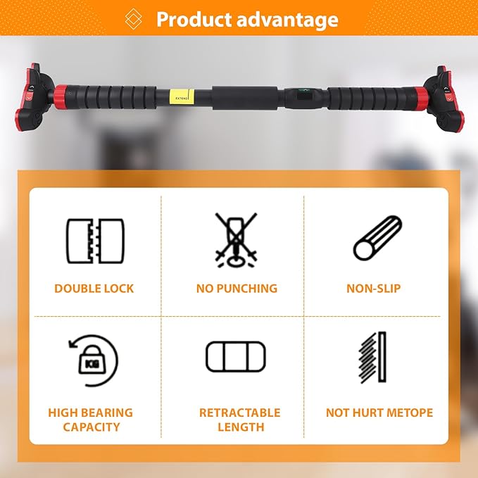 Adjustable Pull Up Bar for Doorway - 440LBS Weight Capacity, No Screws Installation with Level Meter and Auto Lock, Chin Up Bar for Home Gym Strength Training