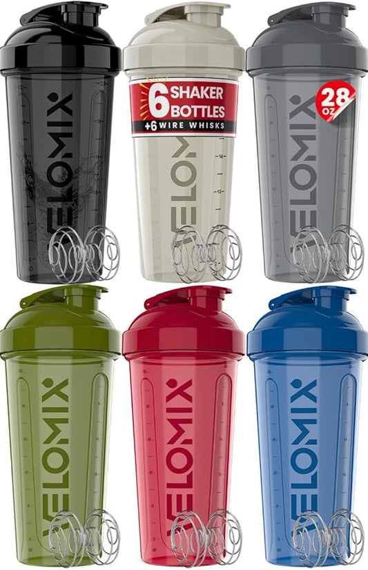 -6 PACK- Shaker Cups for Protein Shakes 28 oz - 6x Wire Whisk | Leak Proof Protein Shaker Bottle for Protein Shakes, Shaker Bottle Pack for Pre & Post Workout (Stealth Edition)