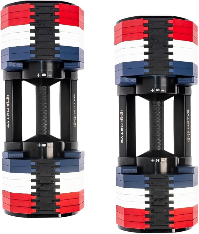 Decabell 580 Adjustable Dumbbells - Motv8 Decabell 580s, 5lbs - 80lbs Adjustable Free Weight Nuobell Style Dumbbell for Men and Women - Strength Training and Fitness (Pair of 2 Dumbbells)