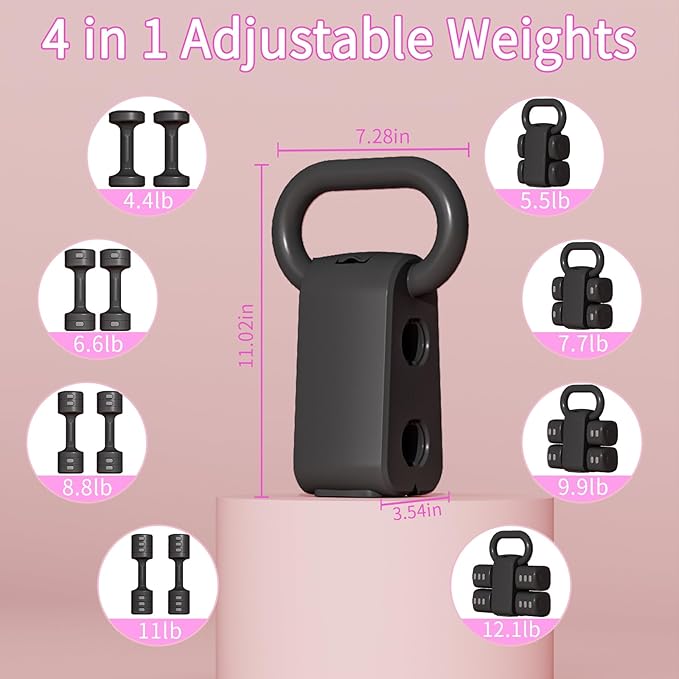 Adjustable Kettlebell Set, 4-in-1 Free Weight Kettlebell sets (5.5lbs 7.7lbs 9.9lbs 12.1lbs) for women, Weight Dumbbell Set of 2 for Home Gym Fitness Training