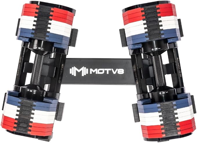 Decabell 580 Adjustable Dumbbells - Motv8 Decabell 580s, 5lbs - 80lbs Adjustable Free Weight Nuobell Style Dumbbell for Men and Women - Strength Training and Fitness (Pair of 2 Dumbbells)