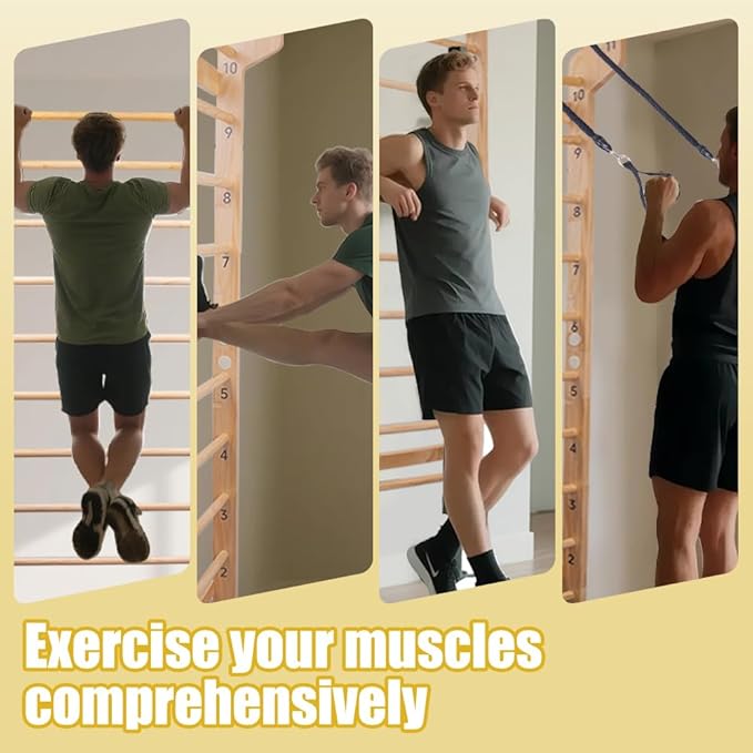 Wood Swedish Ladder with 11 Strategic Rods,Stall Bar,Include Exercise Straps+Pull-Up Resistance Band+Pull-Up Bar,31.5”*86.6”,Wall Mounted,Stretching and Various Exercises,Indoor Home School Gym Fitness